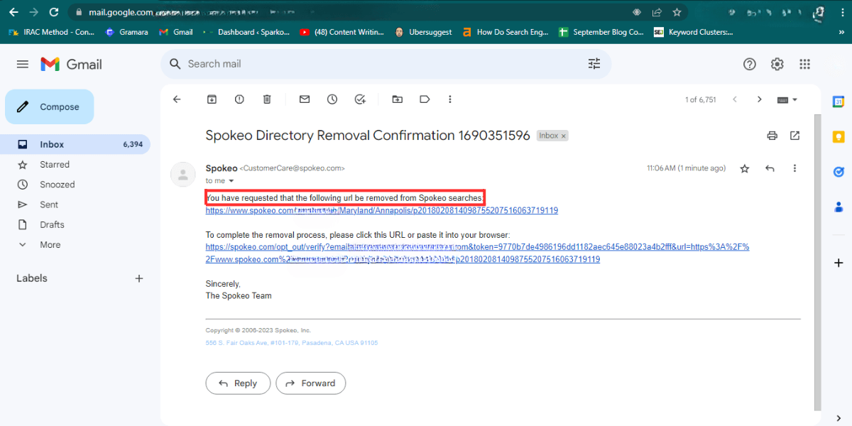 check email from spokeo and confirm