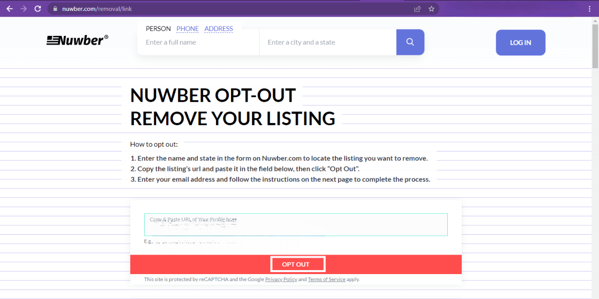 opt out from Nuwber